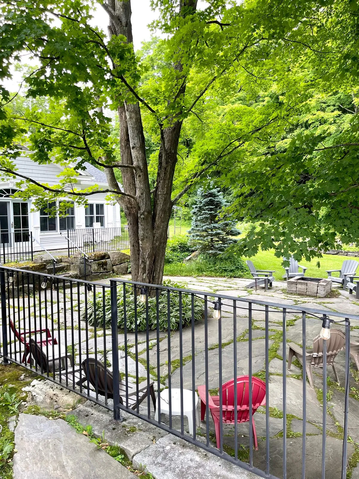 A spacious stone patio shaded by a large tree, furnished with comfortable Adirondack chairs, ideal for socializing or outdoor dining. The area offers views of the surrounding nature and feels secluded, making it great for quiet moments or group activities.